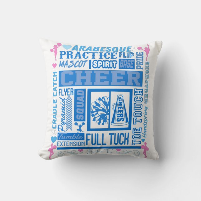 Mädchen Cheerleader Typografie in Blau und Rosa Kissen (Vorderseite)