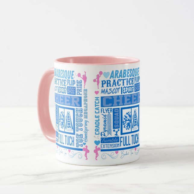 Mädchen Cheerleader Typografie in Blau und Rosa Tasse (Vorderseite Links)