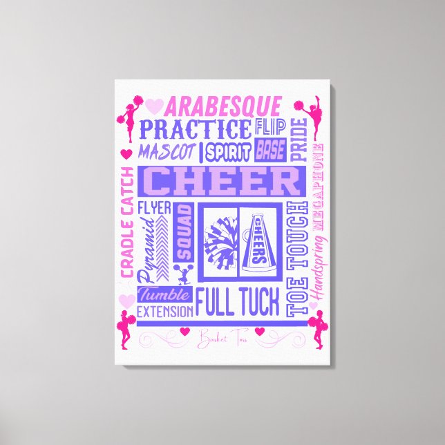 Mädchen Cheerleader Typografie in Rosa und Lila Leinwanddruck (Vorderseite)