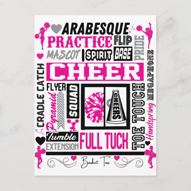 Mädchen Cheerleader Typografie in Schwarz und Rosa Postkarte (Vorderseite)