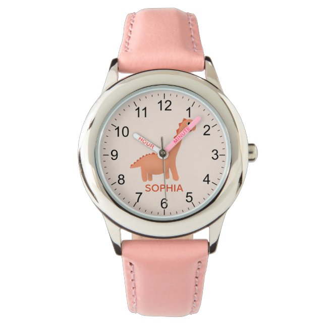 Mädchen Cool und Niedlich Pink Dinosaurier & Name Armbanduhr (Vorderseite)