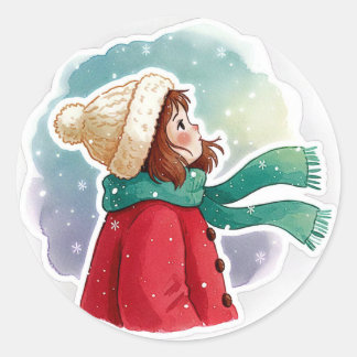 Mädchen, das den Schnee betrachtet Runder Aufkleber