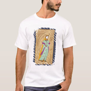 Mädchen, das ein Weinschiff und eine Birne, vom L T-Shirt