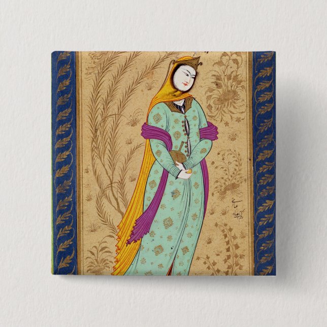 Mädchen, das ein Weinschiff und eine Birne, vom La Button (Vorderseite)