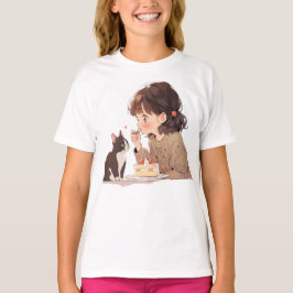 Mädchen, das Katze füttert, Illustration T-Shirt |