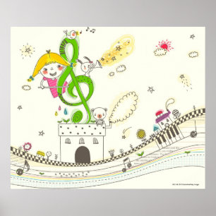 Mädchen, das mit musikalischen Anmerkungen über Poster