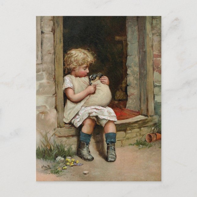 Mädchen, das niedlichen Welpen Vintag hält Postkarte (Vorderseite)