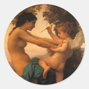 Mädchen, das sich gegen Cupido von Bouguereau vert Runder Aufkleber