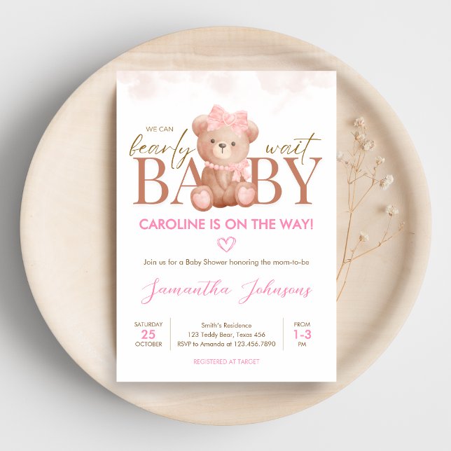 Mädchen, das wir frühzeitig abwarten können einladung (We Can Bearly Wait Pink Bear Baby Shower Invitation)