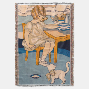 Mädchen der 1920er und ihre kleine weiße Katze Decke