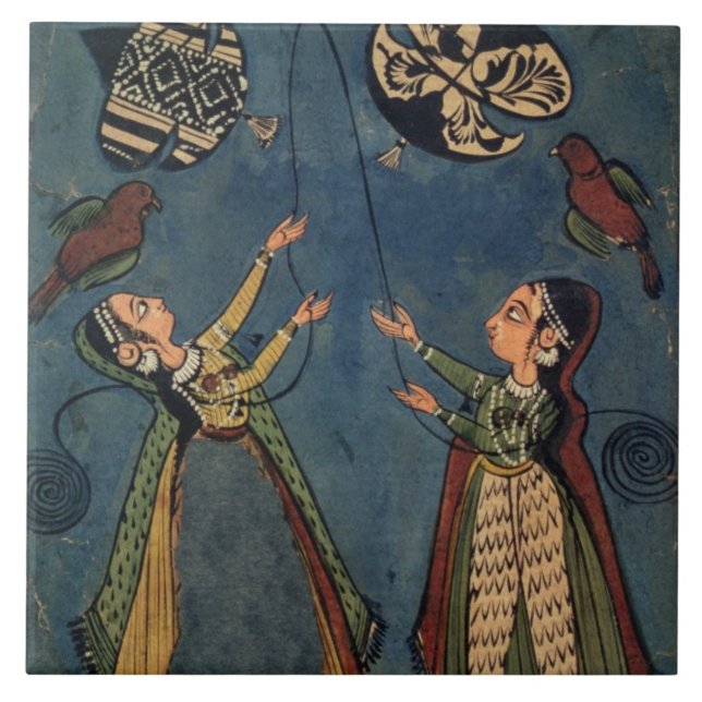 Mädchen, die Drachen, Kulu Volksmalerei, Himachal Fliese (Vorderseite)