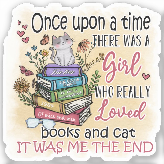 Mädchen, die Lieben Bücher und Katzen Aufkleber (Vorderseite)