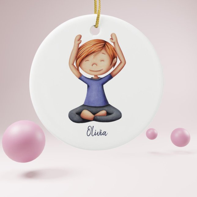 Mädchen, die Yoga machen, Personalisierte Weihnach Keramik Ornament (Girl doing yoga illustrated personalized christmas ornament)