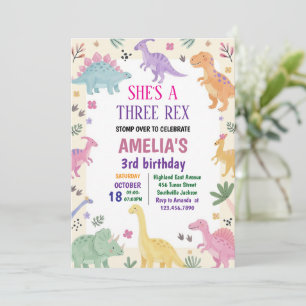 Mädchen drei Rex Dinosaurier 3. Geburtstag Einladung