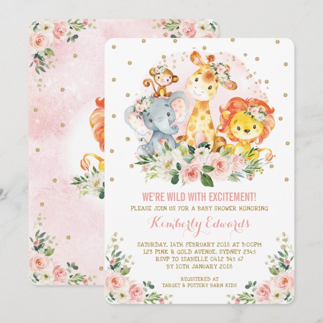 Mädchen-Dschungel-Babyparty erröten das rosa Einladung (Vorne/Hinten)