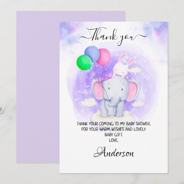 Mädchen Elefant, Kaninchen mit Balloons Babydusche Dankeskarte (Vorne/Hinten)
