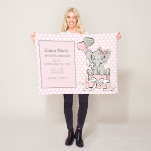 Mädchen Elefant Rosa Silber Geburtsanzeige Fleecedecke
