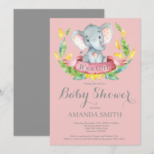 Mädchen-Elefanten-Baby-Party-Einladung Rosa und Gr Einladung