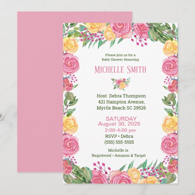 Mädchen Elegant Rosa Gelbe Rosen Kinderdusche Einladung (Vorne/Hinten)