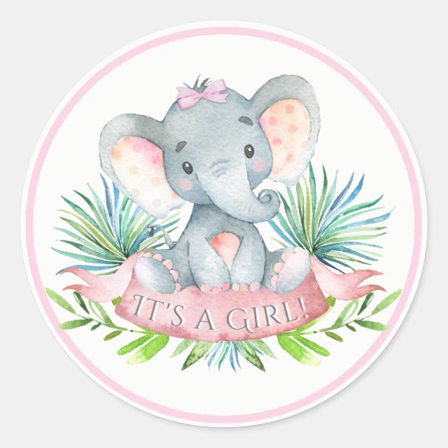 Mädchen Elephant Baby Shower Stickers (Vorderseite)