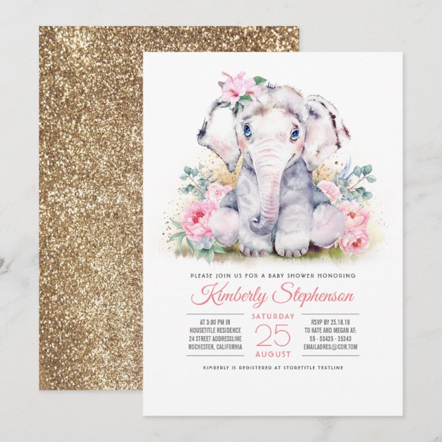 Mädchen Elephant Floral Baby Dusche Einladung (Vorne/Hinten)