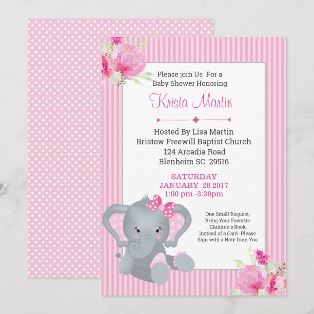 Mädchen Elephant Floral bringen ein Buch Baby Dusc Einladung (Vorne/Hinten)