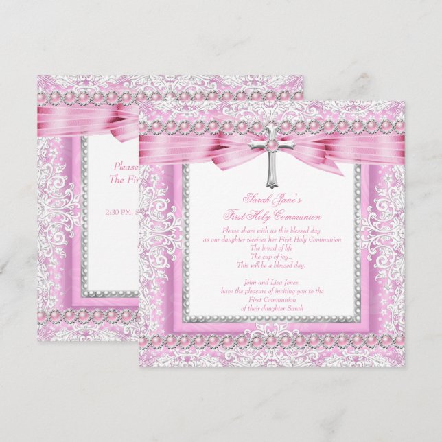 Mädchen Erste Heilige Kommune Kreuz Hübsch rosa Pe Einladung (Vorne/Hinten)