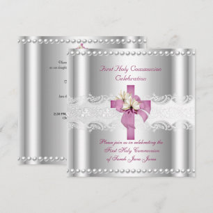 Mädchen Erste Heilige Kommunion Silber Spitze Rosa Einladung