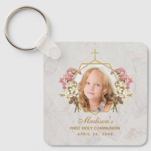 Mädchen Erste Kommunion Foto Rosa Orchidee Floral  Schlüsselanhänger