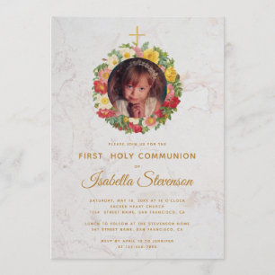 Mädchen Erste Kommunion Foto Rosenkranz Marmor Einladung