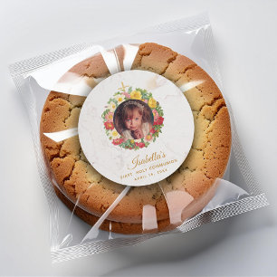 Mädchen Erste Kommunion Marmor Foto in Rosenkranz Runder Aufkleber