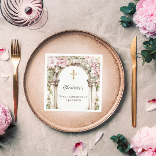Mädchen Erste Kommunion Rosa Blumenbogen Goldkreuz Serviette