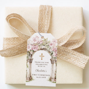 Mädchen Erste Kommunion Rosa Blumenbogen Kreuz Geschenkanhänger
