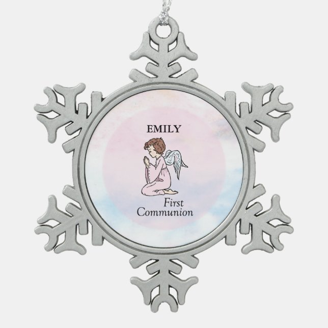 Mädchen, Erster Kommunion Angel Schneeflocken Zinn-Ornament (Vorderseite)