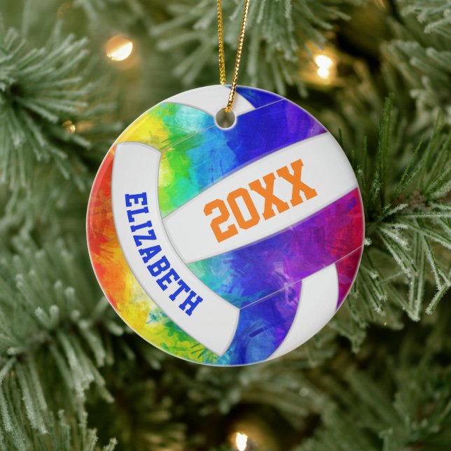 Mädchen farbenfrohe Regenbogenkuchen Volleyball Keramik Ornament (Baum)
