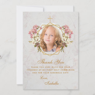 Mädchen Foto Erstkommunion Gold Rosa Orchideen Dankeskarte