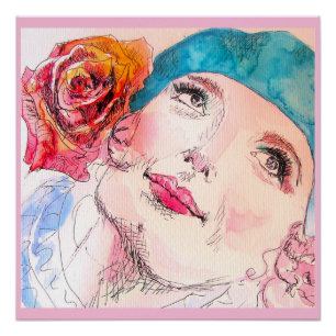 Mädchen Frau Pink Aquarell Aqua Barett Rose Poster