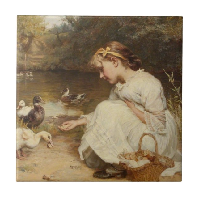 Mädchen Fütternd Enten (von Frederick Morgan) Fliese (Vorderseite)