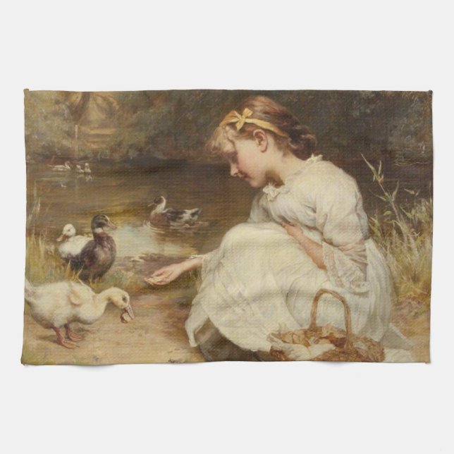 Mädchen Fütternd Enten (von Frederick Morgan) Geschirrtuch (Horizontal)