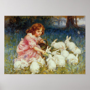 Mädchen füttert weiße Kaninchen Poster