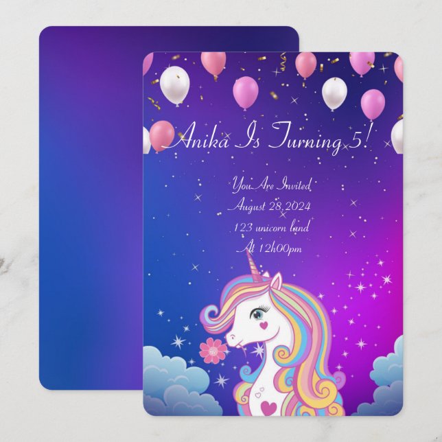 Mädchen Geburtstag Einhorn magische Einladung (Vorne/Hinten)