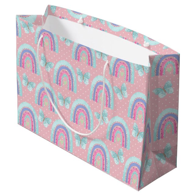 Mädchen Geburtstag Rainbows Schmetterlinge & Polka Große Geschenktüte (Rückseite Schrägansicht)