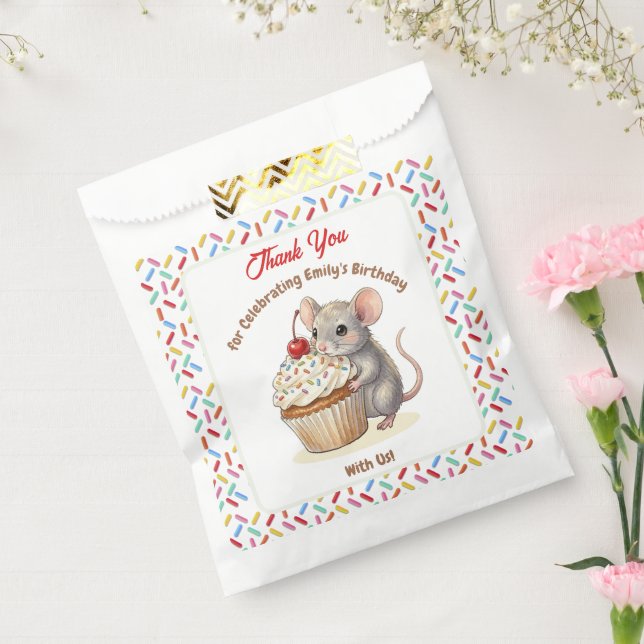 Mädchen-Geburtstagsfeier | Maus & Cupcake Danke Geschenktütchen (Versiegelt)