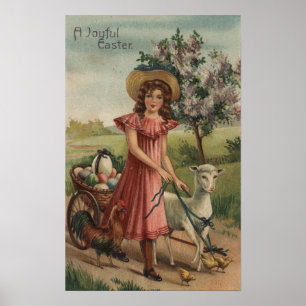 Mädchen-gehendes Lamm, Küken und Hahn Poster