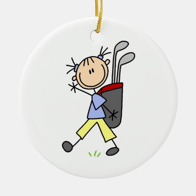 Mädchen-Golfspieler mit Tasche und Vereine Keramik Ornament (Vorne)