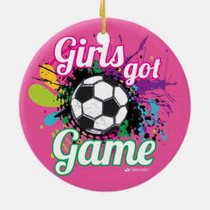 MÄDCHEN GOT SPIEL-FUSSBALL-VERZIERUNG KERAMIKORNAMENT