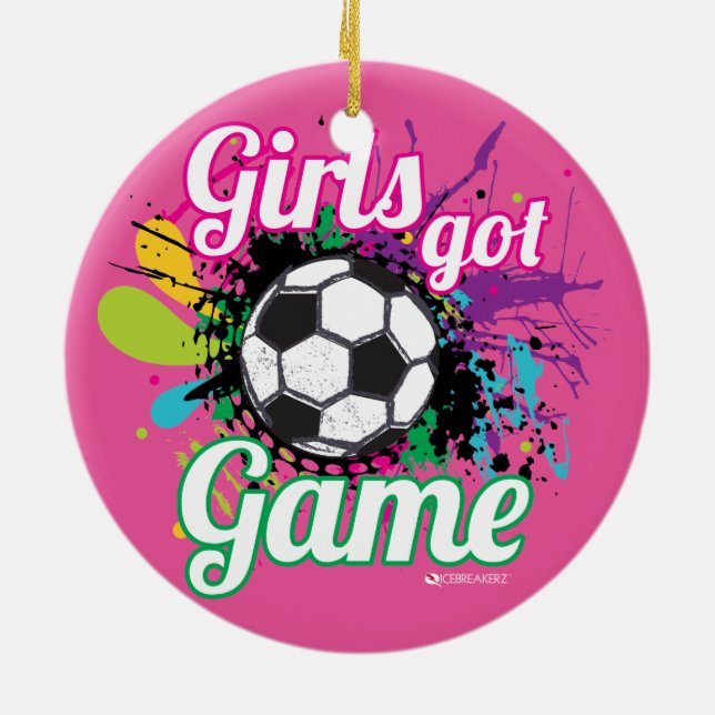 MÄDCHEN GOT SPIEL-FUSSBALL-VERZIERUNG KERAMIKORNAMENT (Hinten)