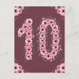 Mädchen Großer 10. Geburtstag Rosa Blumen Grüne Bl Postkarte