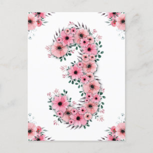 Mädchen Großer 3. Geburtstag Rosa Blumen Grüne Blä Postkarte