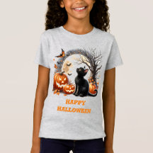 Mädchen Halloween schwarze Katze graue Crewneck T-